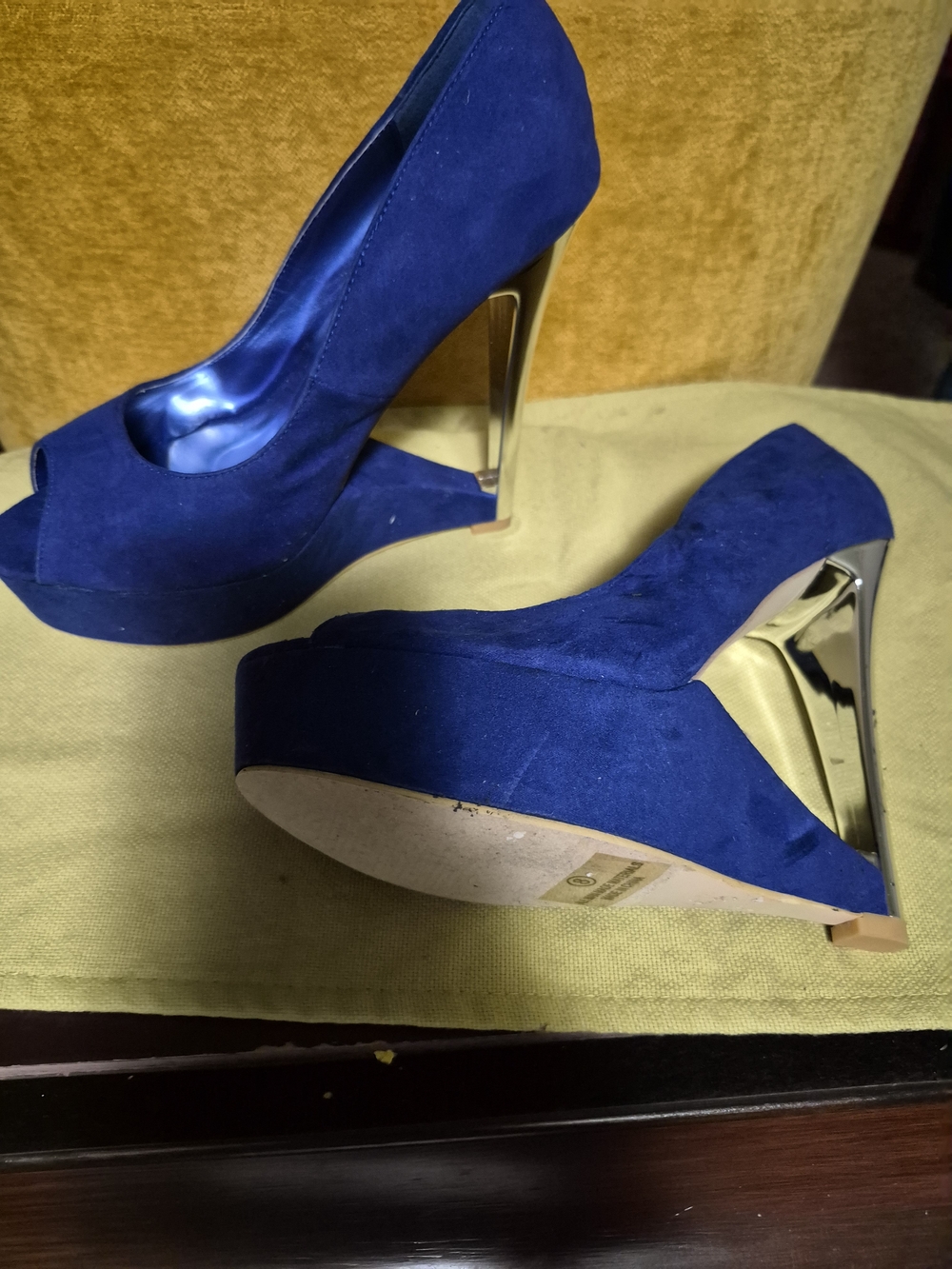 Liliana Navy Blue Suede Peep-Toe Platform Pumps with Gold Wedge Heel